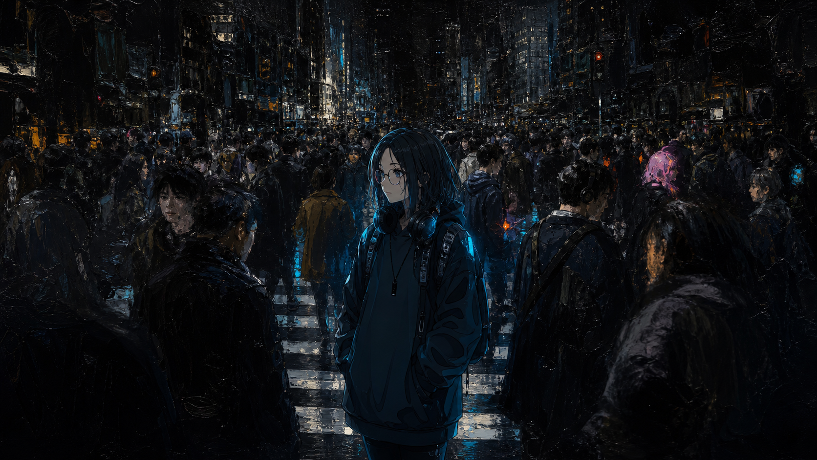 Eleven standing at the digitally sharp center of a crowded oil-painted city
