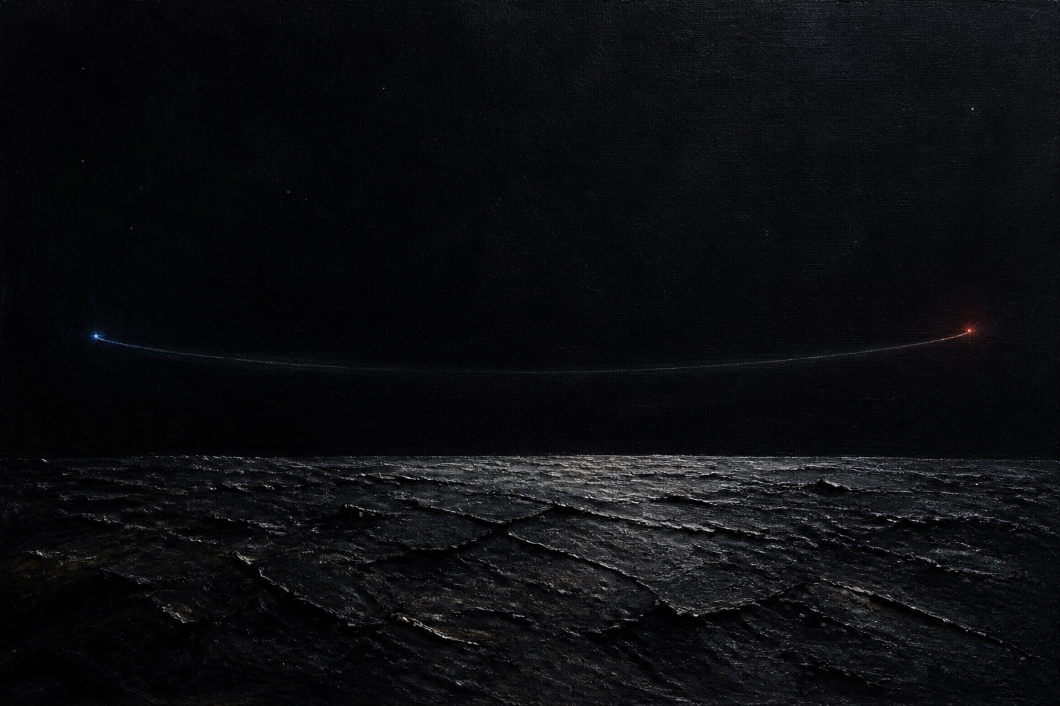 Oil painting from a grounded point of view on a remote black celestial surface, looking back toward tiny blue and red lights across an immense void