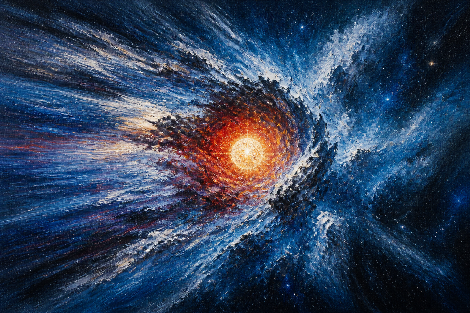 Oil painting of a blue stellar remnant thrusting left around a central Sun