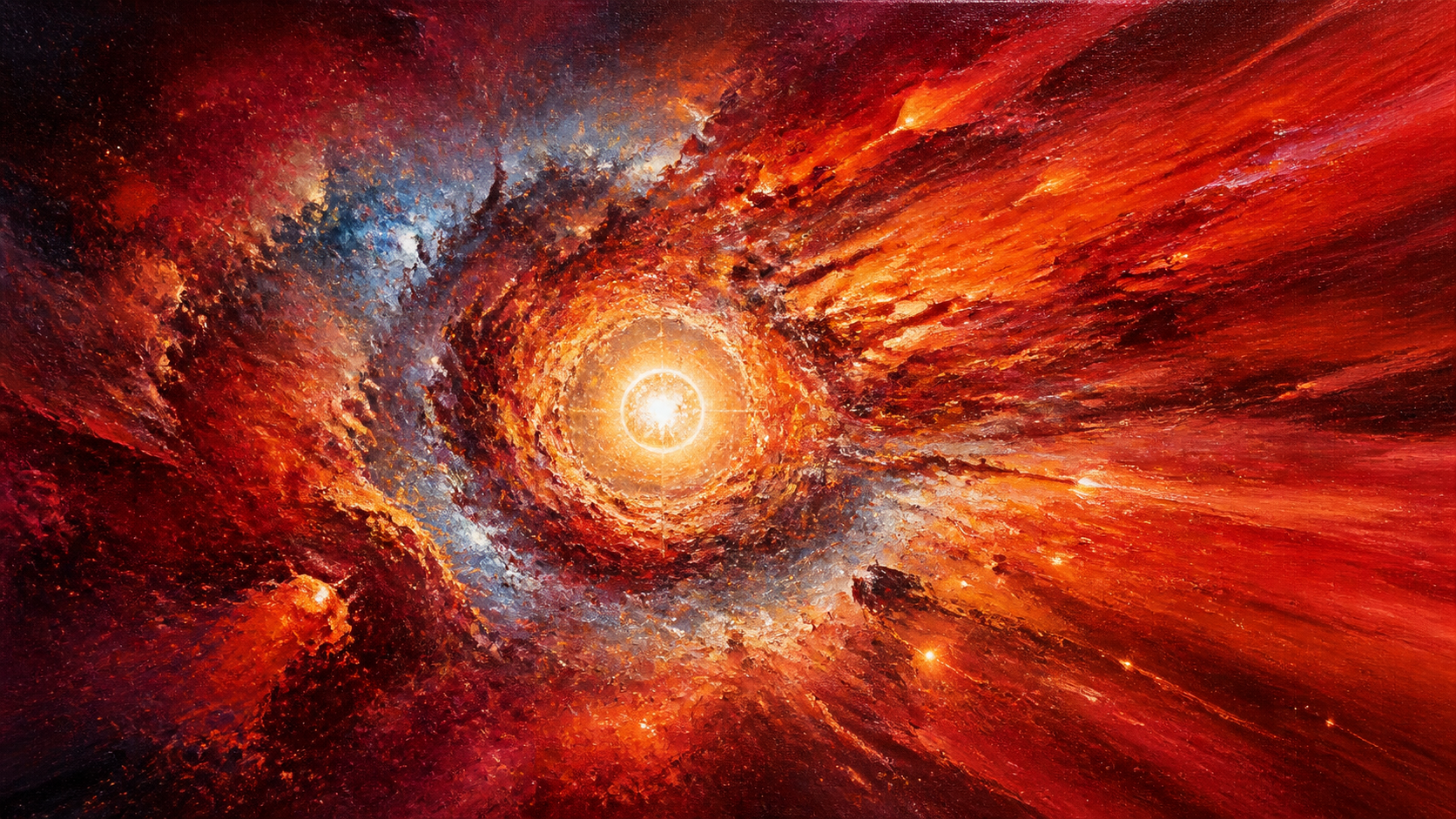 Oil painting of a red stellar remnant thrusting right around a central Sun