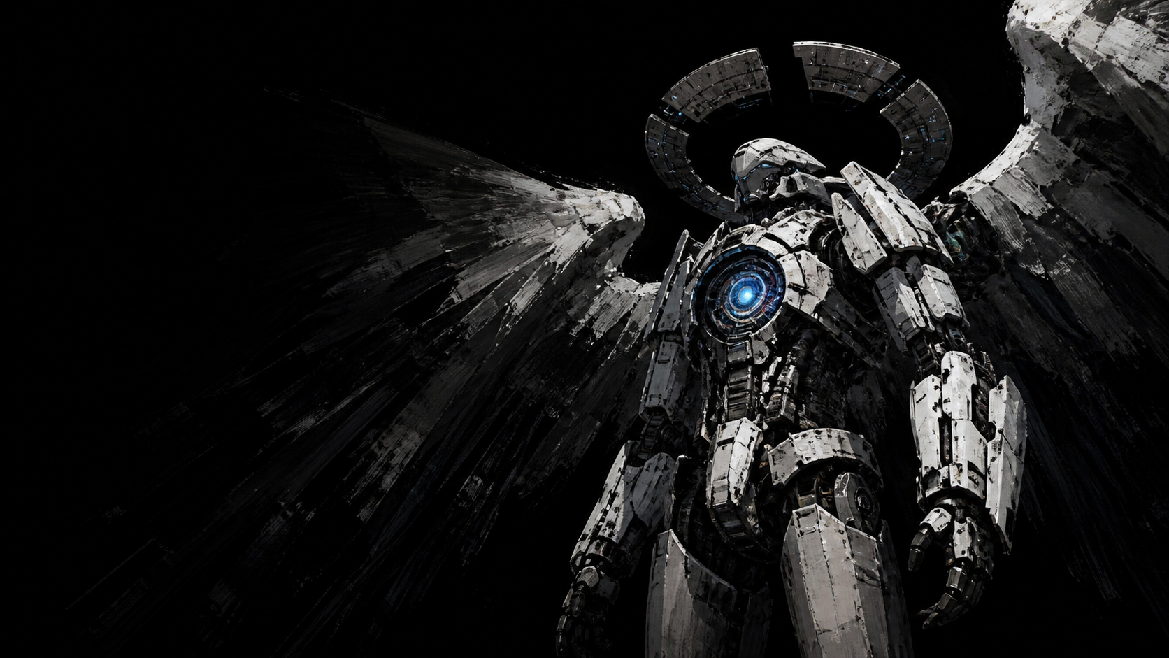 A colossal white and black mechanical ArchAngel Computing Node