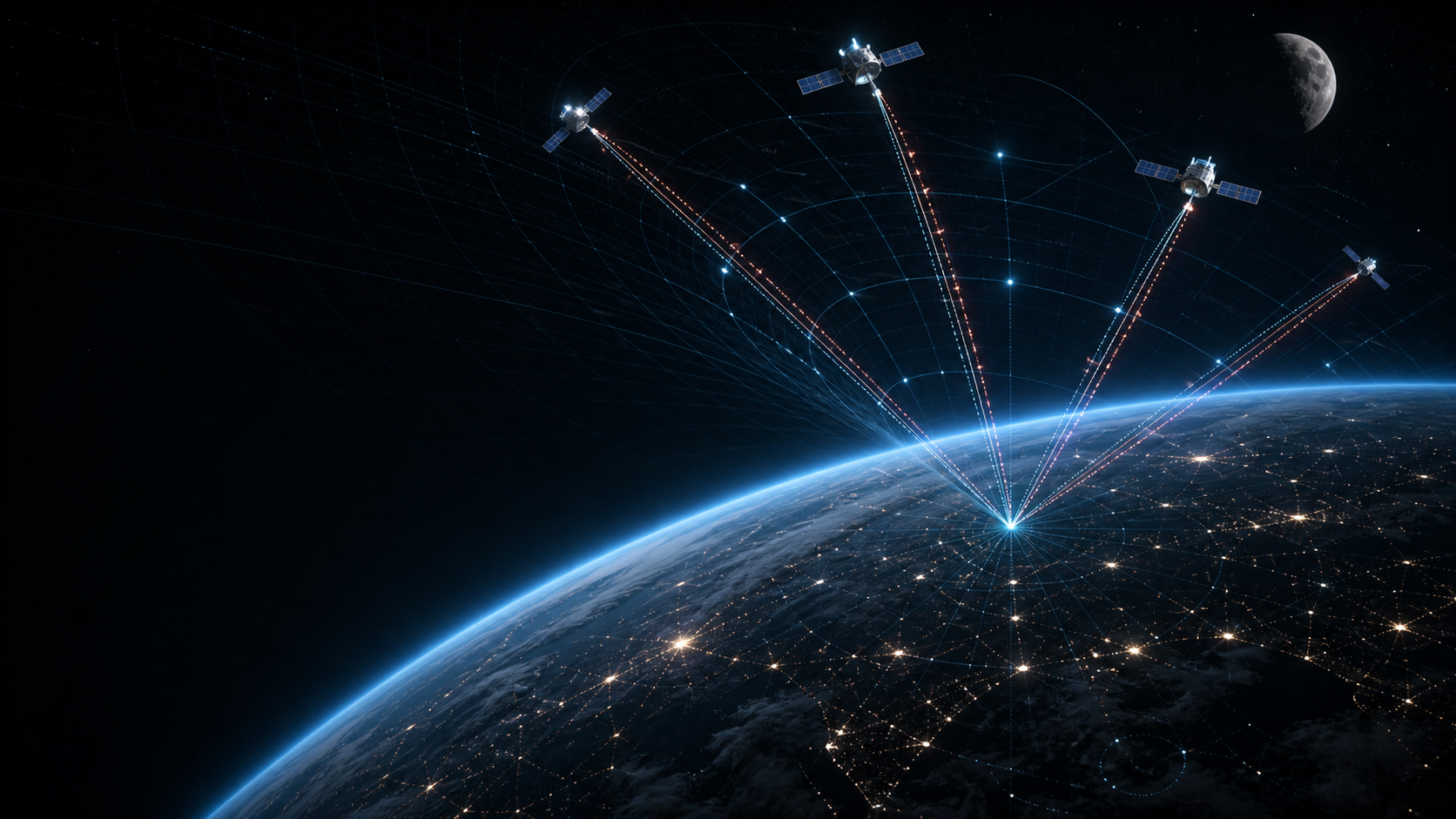 Earth, GPS satellites and precise timing paths drawn across a curved spacetime grid