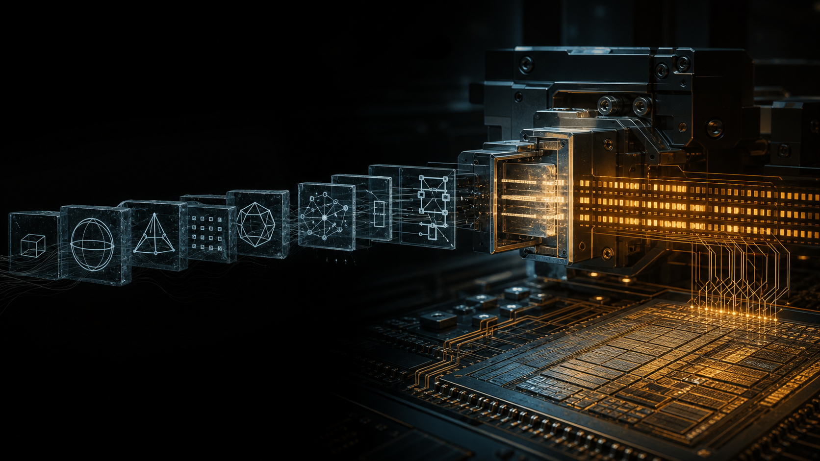 Symbols transforming into machine instructions and electrical traces