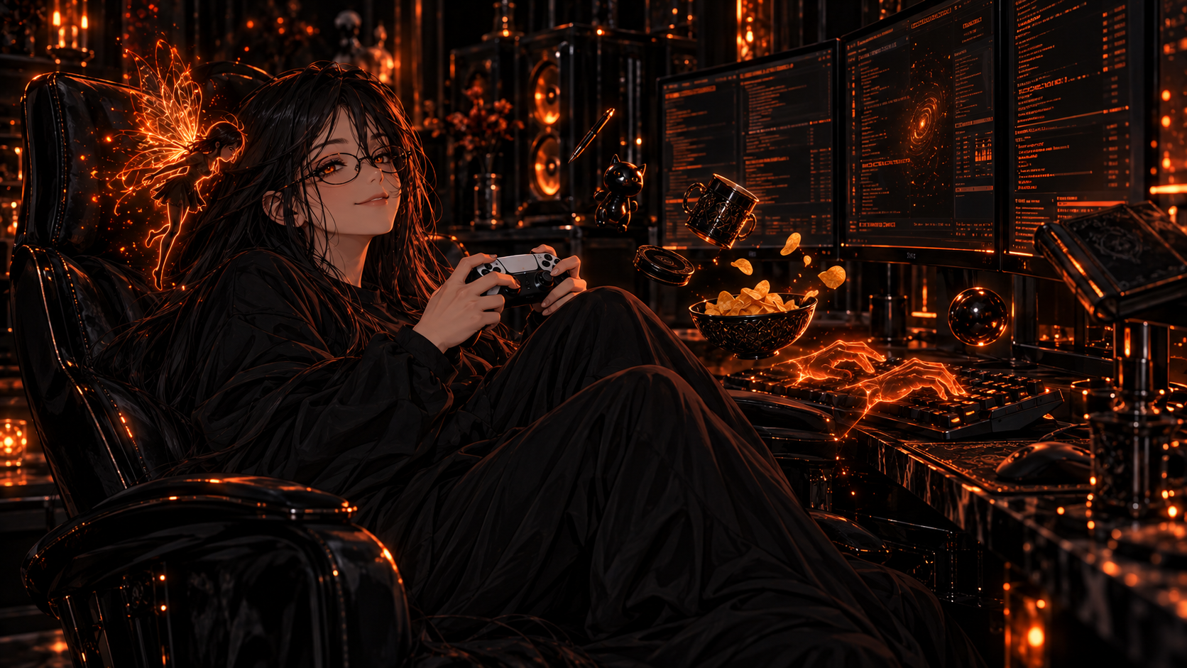 Lilith en el setup de K — mando de PS5, manos translúcidas